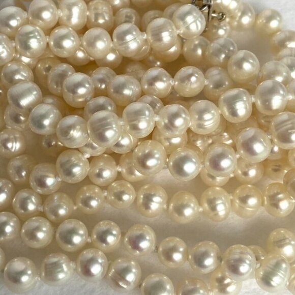 Sterling Silver 925 Layered Beige Baroque Triple Strand Pearl Necklace 18" - 19" - Picture 6 of 16